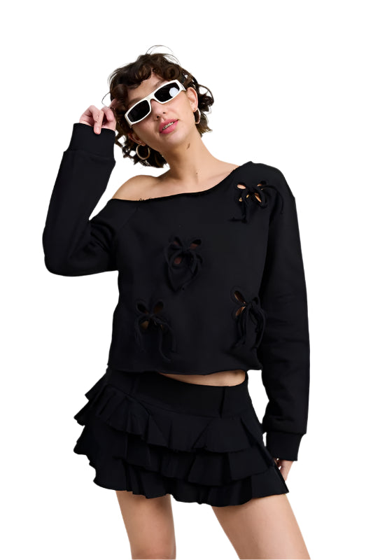 Emory Park ONE SHOULDER FRENCH TERRY SWEATSHIRT - Black - Front View