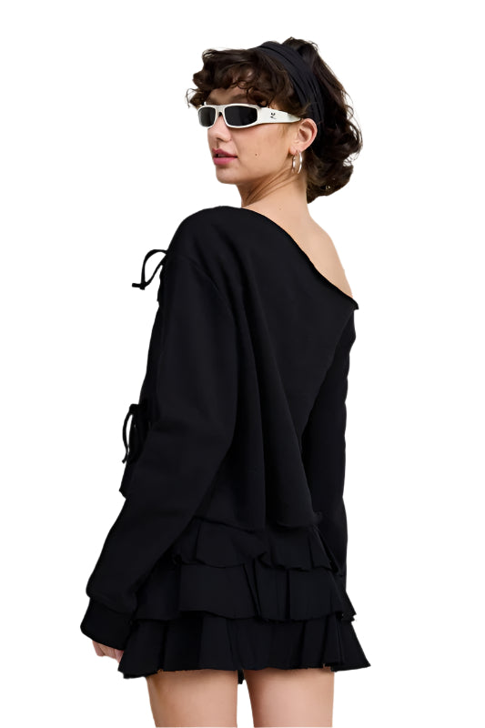 Emory Park ONE SHOULDER FRENCH TERRY SWEATSHIRT - Black - Back Side View