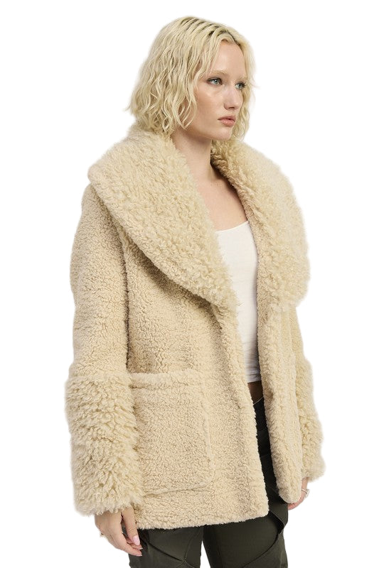 EMORY PARK FUR TRIMMED FLEECE JACKET WITH POCKETS - Taupe - Side View