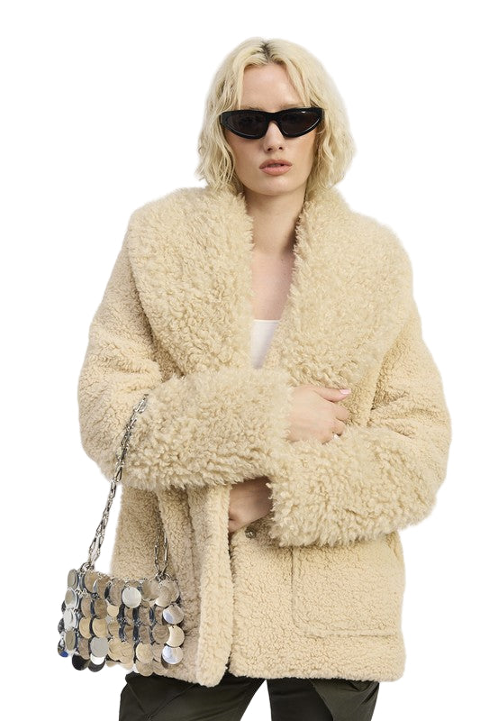 EMORY PARK FUR TRIMMED FLEECE JACKET WITH POCKETS - Taupe - Front View