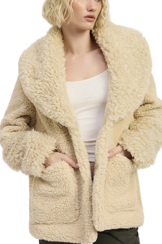 EMORY PARK FUR TRIMMED FLEECE JACKET WITH POCKETS - Taupe - Front View