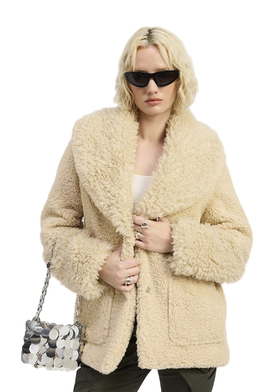 EMORY PARK FUR TRIMMED FLEECE JACKET WITH POCKETS - Taupe - Front View