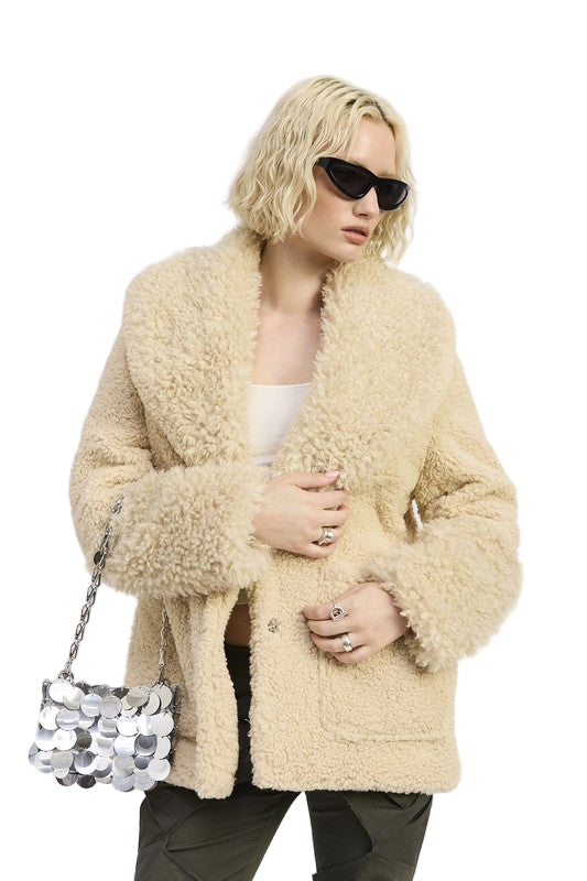 EMORY PARK FUR TRIMMED FLEECE JACKET WITH POCKETS - Taupe - Front View