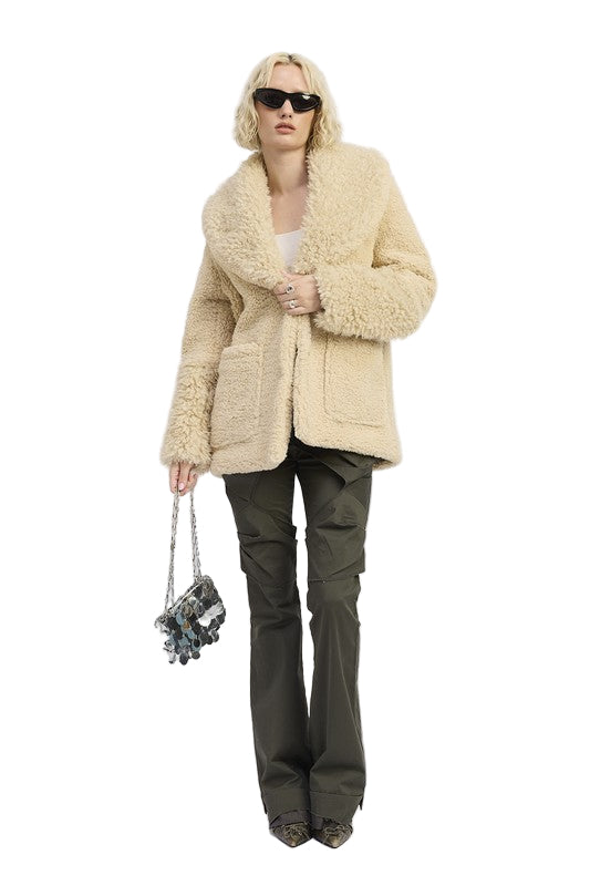 EMORY PARK FUR TRIMMED FLEECE JACKET WITH POCKETS - Taupe - Front Full View