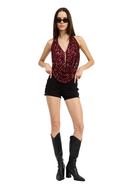 EMORY PARK SEQUIN COWL DRAPE HALTER TOP - Cherry - Front Full View
