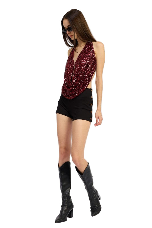 EMORY PARK SEQUIN COWL DRAPE HALTER TOP - Cherry - Side Full View