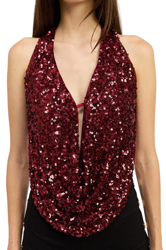 EMORY PARK SEQUIN COWL DRAPE HALTER TOP - Cherry - Front View