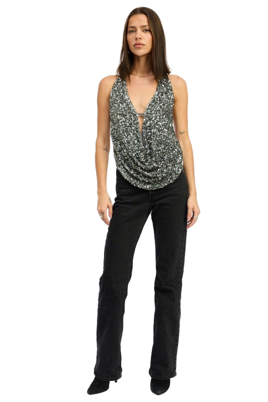 EMORY PARK SEQUIN COWL DRAPE HALTER TOP - Gunmetal - Front Full View