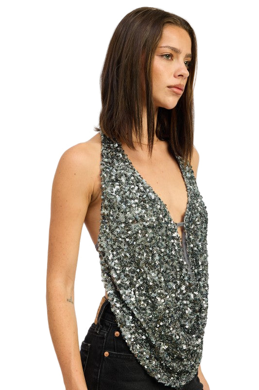 EMORY PARK SEQUIN COWL DRAPE HALTER TOP - Gunmetal - Side View