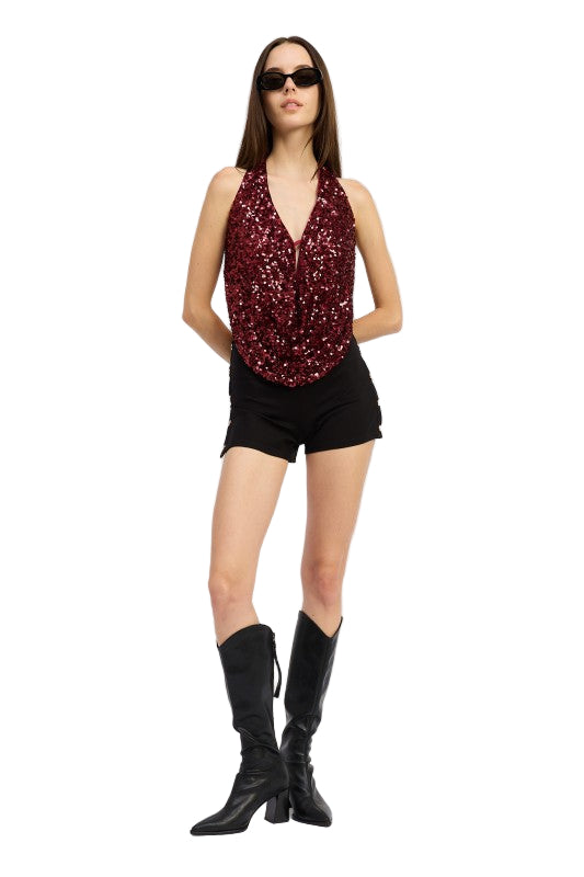 EMORY PARK SEQUIN COWL DRAPE HALTER TOP - Cherry - Front Full View