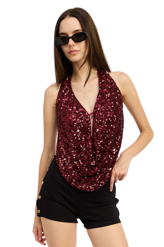 EMORY PARK SEQUIN COWL DRAPE HALTER TOP - Cherry - Front View