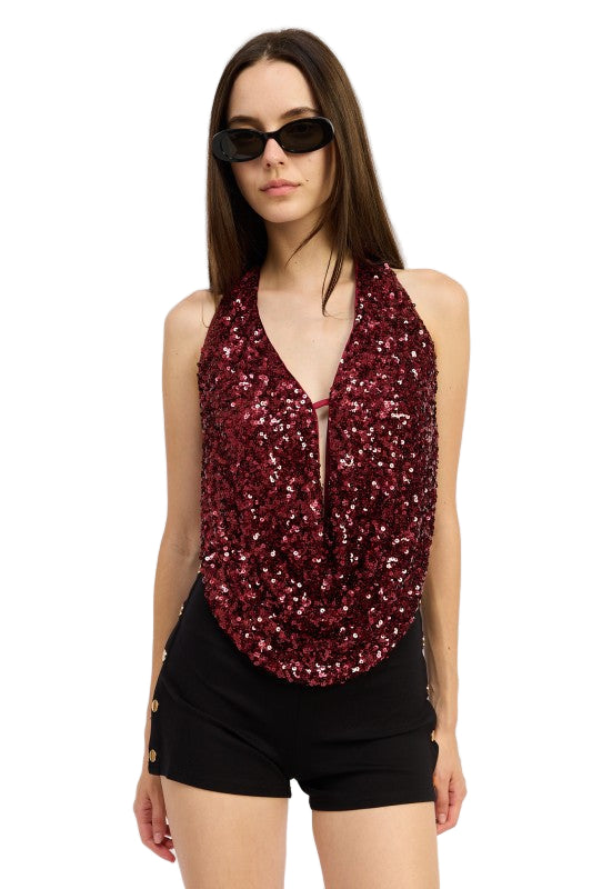 EMORY PARK SEQUIN COWL DRAPE HALTER TOP - Cherry - Front View