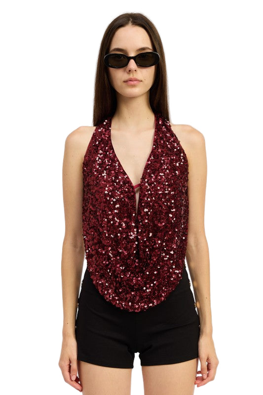 EMORY PARK SEQUIN COWL DRAPE HALTER TOP - Cherry - Front View