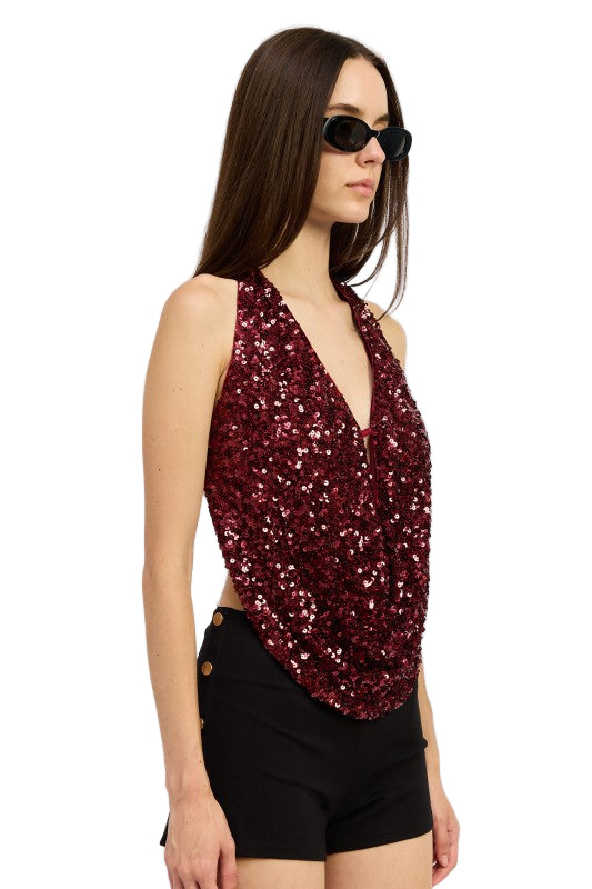 EMORY PARK SEQUIN COWL DRAPE HALTER TOP - Cherry - Side View