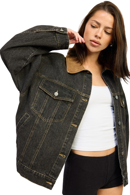 EMORY PARK MIX MEDIA OVERSIZE DENIM JACKET - Grey Denim - Rear View