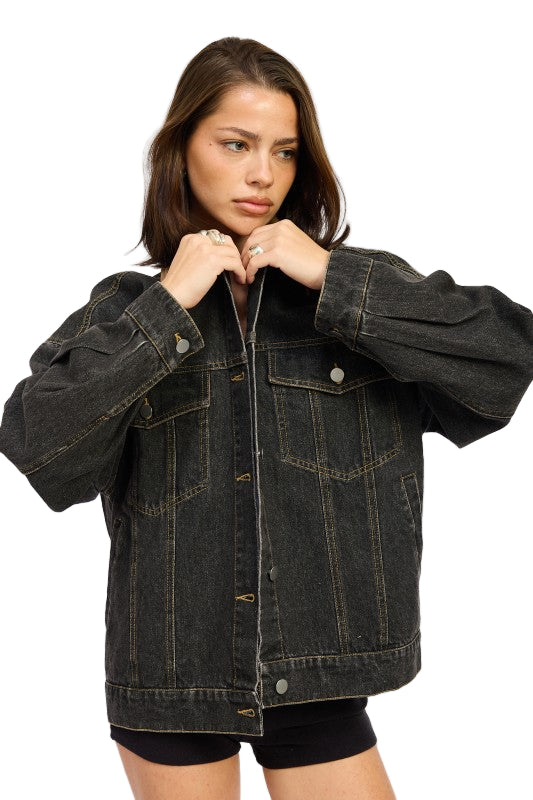 EMORY PARK MIX MEDIA OVERSIZE DENIM JACKET - Grey Denim - Side  View