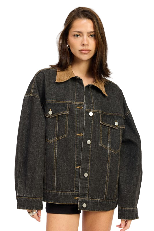 EMORY PARK MIX MEDIA OVERSIZE DENIM JACKET - Grey Denim - Front View