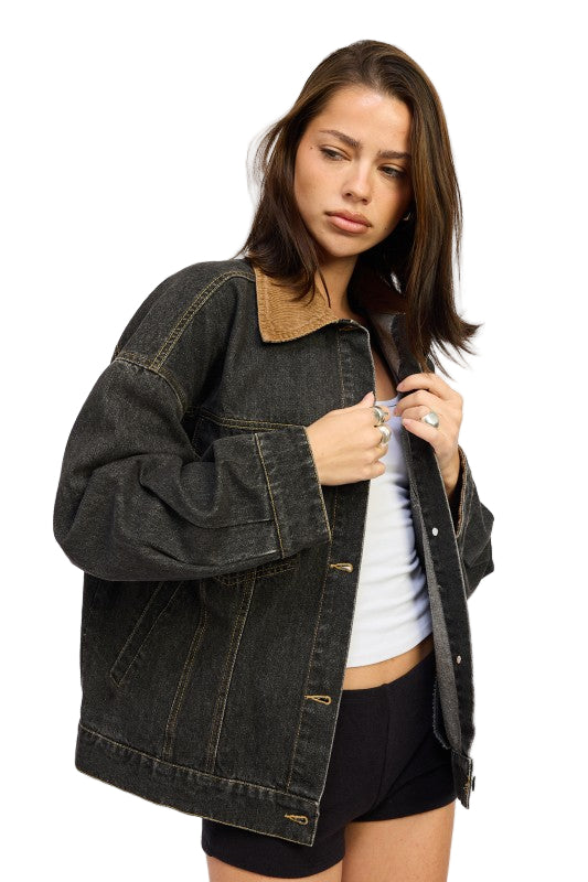 EMORY PARK MIX MEDIA OVERSIZE DENIM JACKET - Grey Denim - Side View