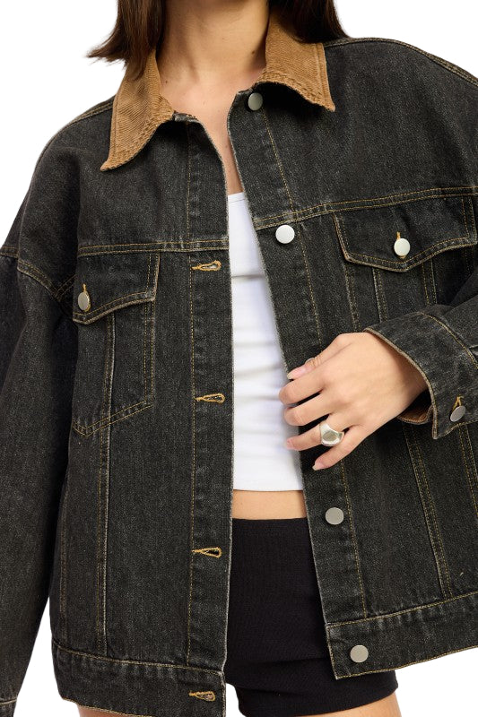 EMORY PARK MIX MEDIA OVERSIZE DENIM JACKET - Grey Denim - Front View