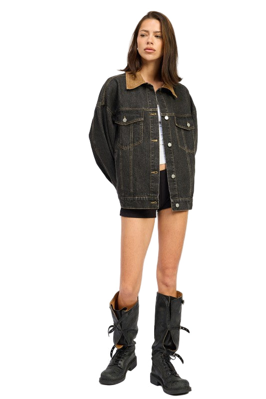 EMORY PARK MIX MEDIA OVERSIZE DENIM JACKET - Grey Denim - Front Full View