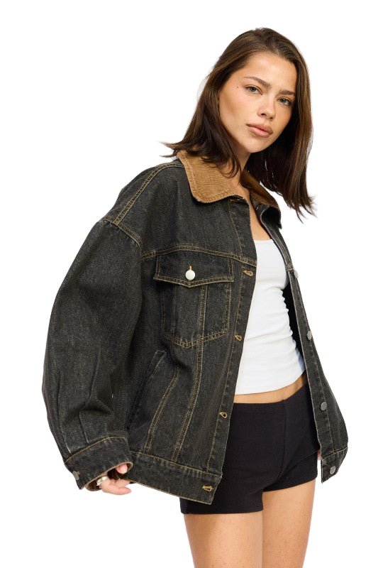 EMORY PARK MIX MEDIA OVERSIZE DENIM JACKET - Grey Denim - Side View