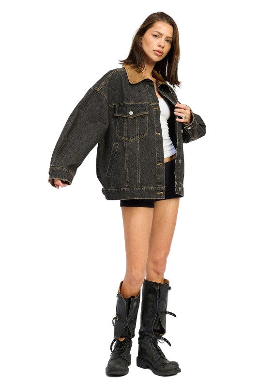 EMORY PARK MIX MEDIA OVERSIZE DENIM JACKET - Grey Denim - Side Full View