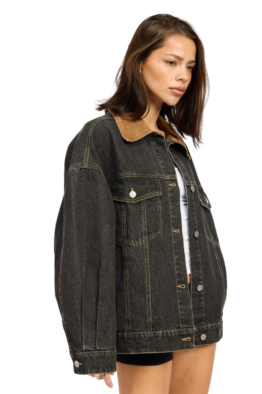 EMORY PARK MIX MEDIA OVERSIZE DENIM JACKET - Grey Denim - Side View