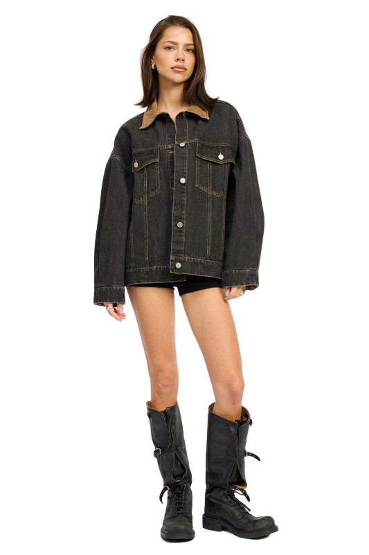 EMORY PARK MIX MEDIA OVERSIZE DENIM JACKET - Grey Denim - Front Full View