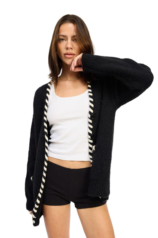EMORY PARK LEATHER TRIM CARDIGAN WITH BUTTONS - Black - Front View