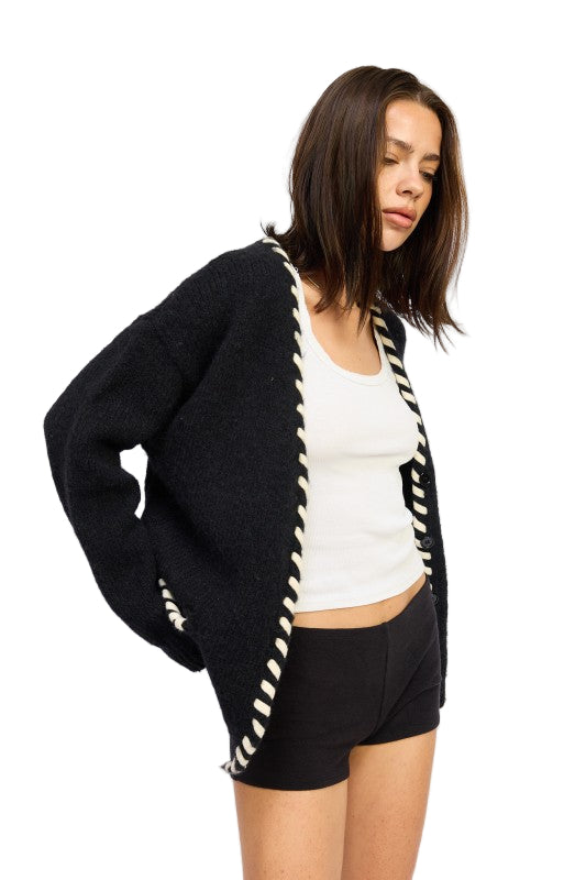 EMORY PARK LEATHER TRIM CARDIGAN WITH BUTTONS - Black - Side View