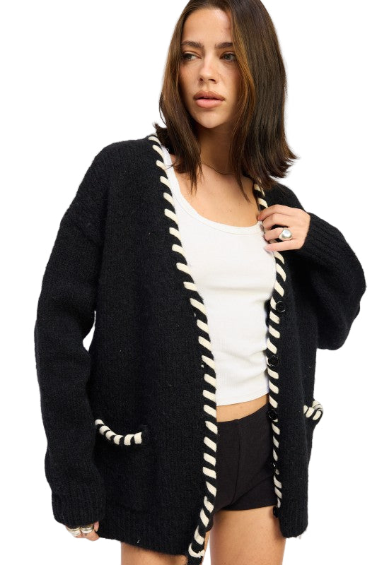 EMORY PARK LEATHER TRIM CARDIGAN WITH BUTTONS - Black - Side View