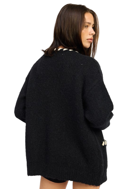 EMORY PARK LEATHER TRIM CARDIGAN WITH BUTTONS - Black - Back View