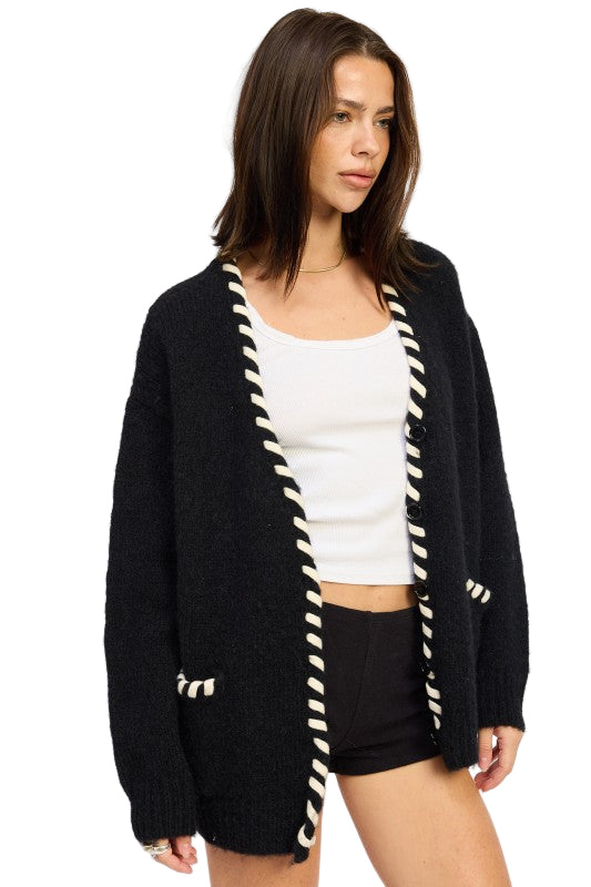 EMORY PARK LEATHER TRIM CARDIGAN WITH BUTTONS - Black - Side View