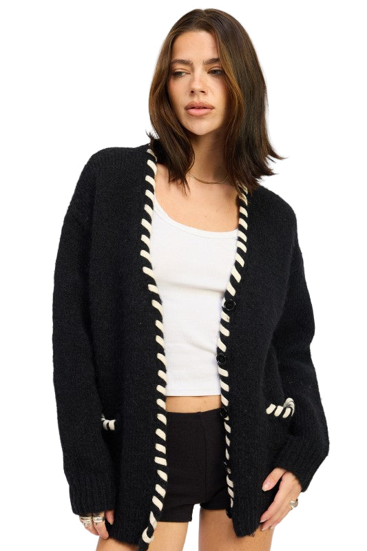 EMORY PARK LEATHER TRIM CARDIGAN WITH BUTTONS - Black - Front View