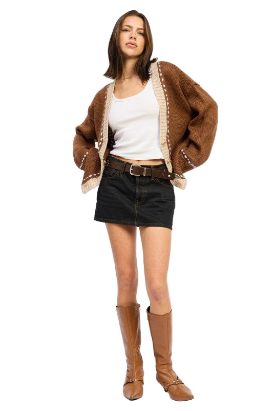 EMORY PARK BUTTON DOWN CONTRASTED CARDIGAN - Chocolate - Front Full View