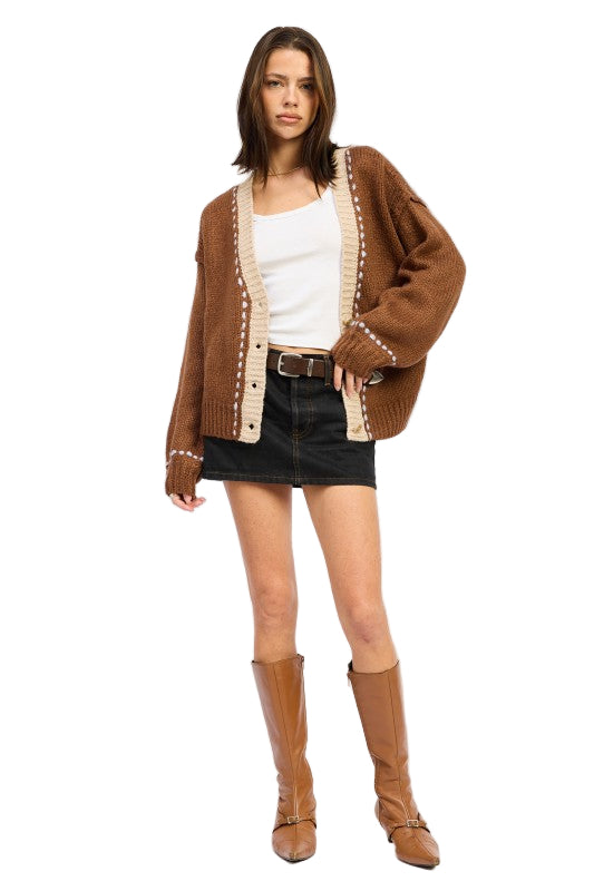 EMORY PARK BUTTON DOWN CONTRASTED CARDIGAN - Chocolate - Front Full View