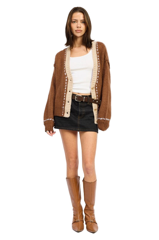 EMORY PARK BUTTON DOWN CONTRASTED CARDIGAN - Chocolate - Front Full View