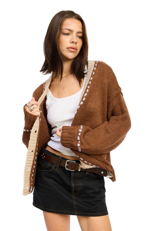 EMORY PARK BUTTON DOWN CONTRASTED CARDIGAN - Chocolate - Front View