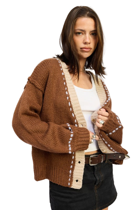 EMORY PARK BUTTON DOWN CONTRASTED CARDIGAN - Chocolate - Side View