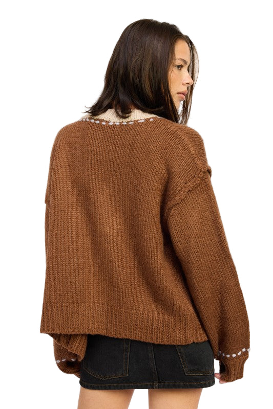 EMORY PARK BUTTON DOWN CONTRASTED CARDIGAN - Chocolate - Back View