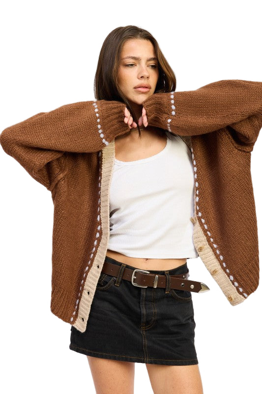 EMORY PARK BUTTON DOWN CONTRASTED CARDIGAN - Chocolate - Side View