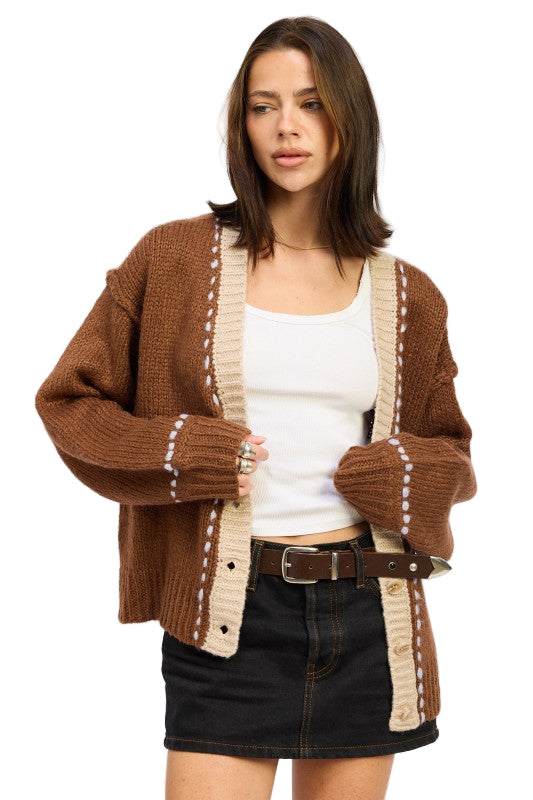 EMORY PARK BUTTON DOWN CONTRASTED CARDIGAN - Chocolate - Front View
