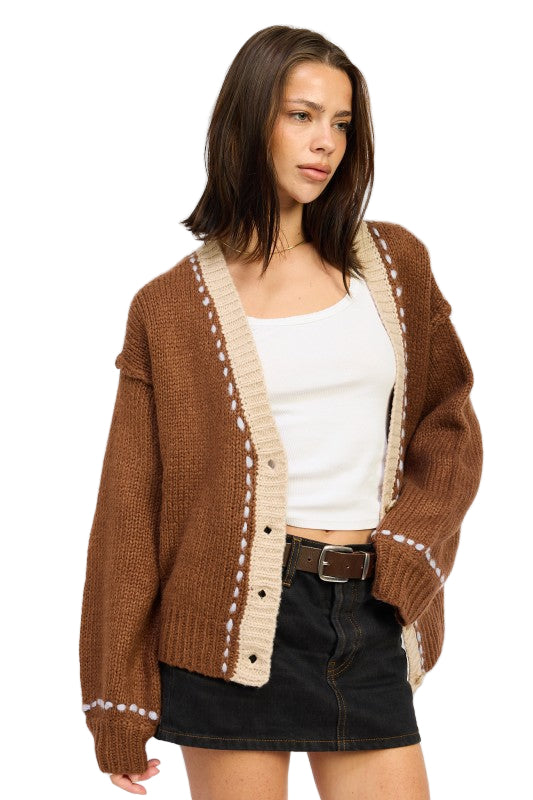 EMORY PARK BUTTON DOWN CONTRASTED CARDIGAN - Chocolate - Side View