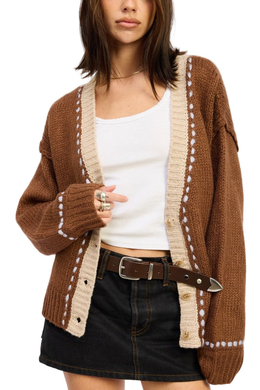 EMORY PARK BUTTON DOWN CONTRASTED CARDIGAN - Chocolate - Front View
