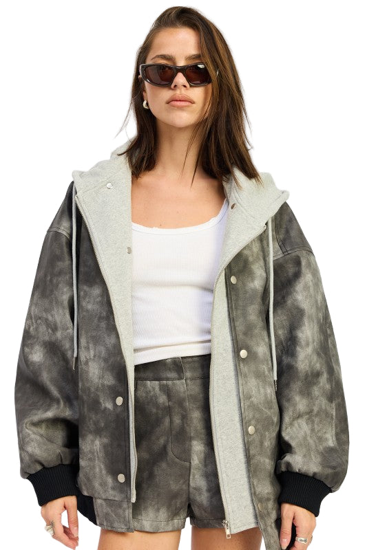 EMORY PARK FAUX LEATHER MIX MEDIA BOMBER JACKET - Washed Black - Front View