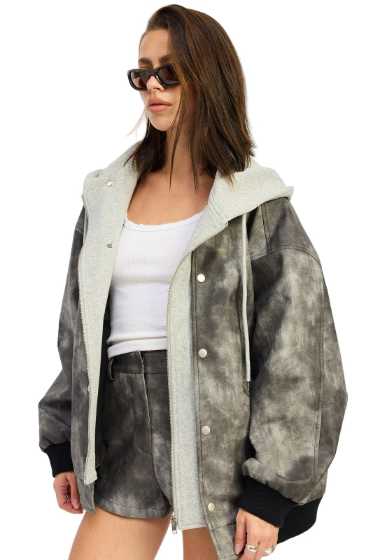 EMORY PARK FAUX LEATHER MIX MEDIA BOMBER JACKET - Washed Black - Side View