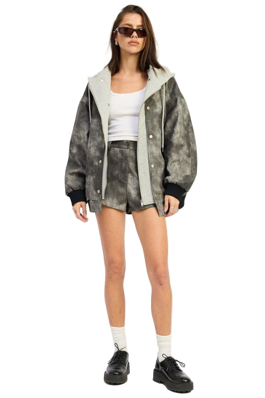 EMORY PARK FAUX LEATHER MIX MEDIA BOMBER JACKET - Washed Black - Front Full View