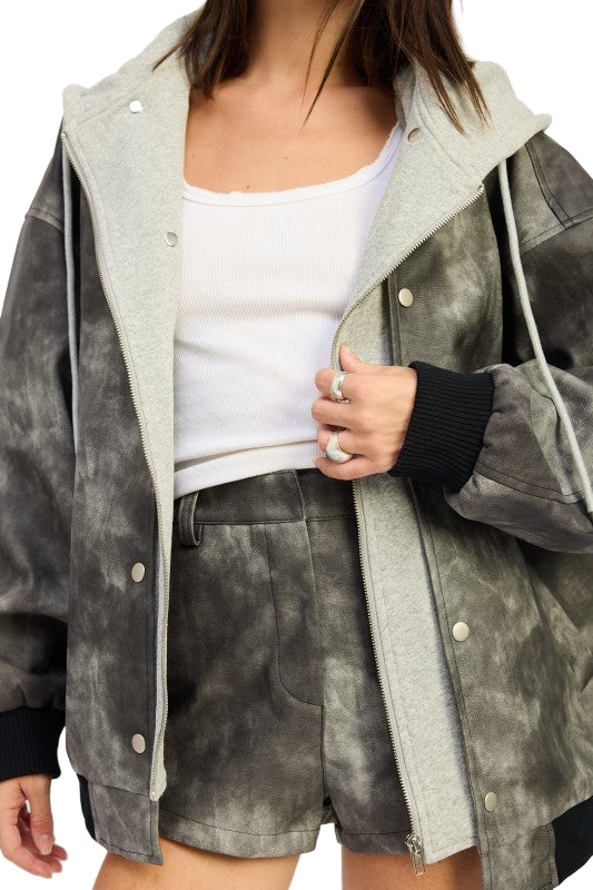 EMORY PARK FAUX LEATHER MIX MEDIA BOMBER JACKET - Washed Black - Rear View