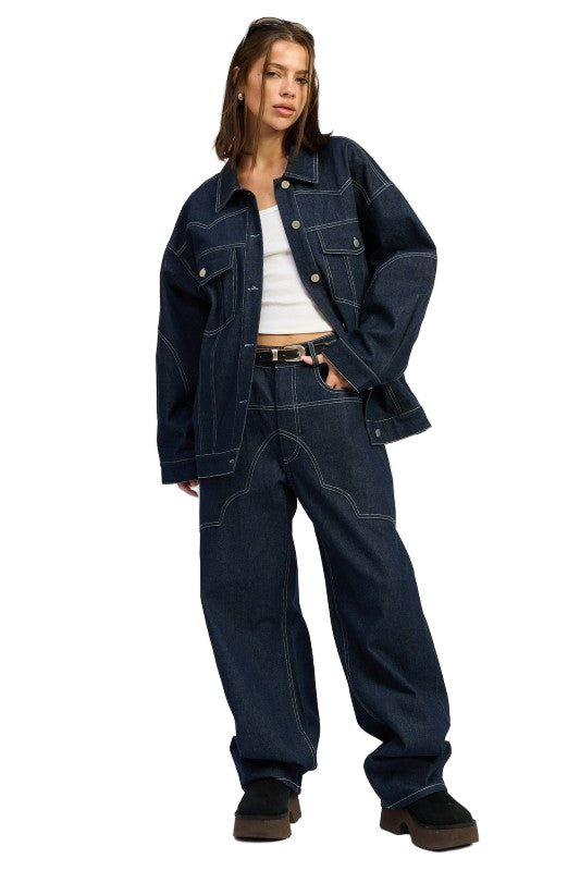 EMORY PARK OVERSIZED TWILL BUTTON UP JACKET - Dark Denim - Front Full View