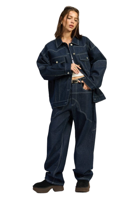 EMORY PARK OVERSIZED TWILL BUTTON UP JACKET - Dark Denim - Front Full View